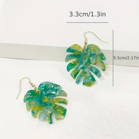 Green & Yellow Acetate Acrylic Monstera Leaf Tropical Palm Frond Dangle Earrings - Picture 5 of 6